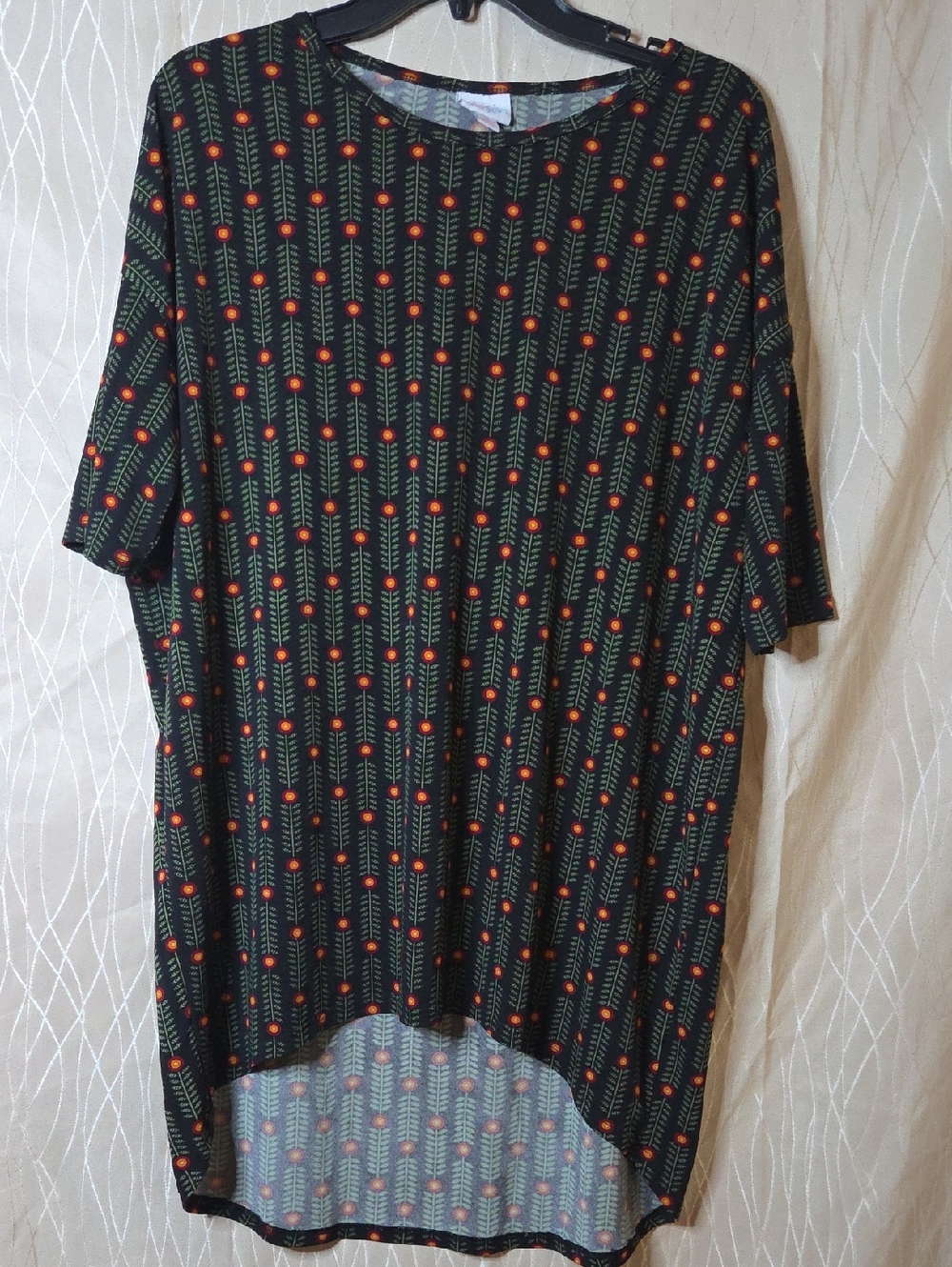LuLaRoe Black Dress with Green Fern Stripe and Orange‎ Dot Floral Print